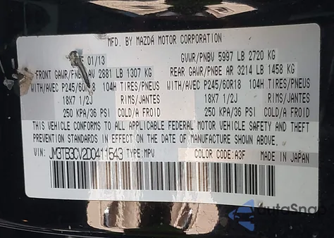 2013 Mazda Cx-9 Touring из США, поврежденный, VIN JM3TB3CV2D0411543